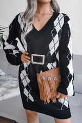 Cozy Two Tone Argyle Rib Knit V Neck Winter Sweater Mini Dress - Black