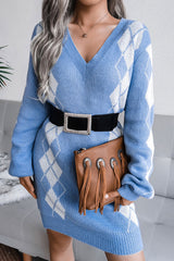 Cozy Two Tone Argyle Rib Knit V Neck Winter Sweater Mini Dress - Sky Blue