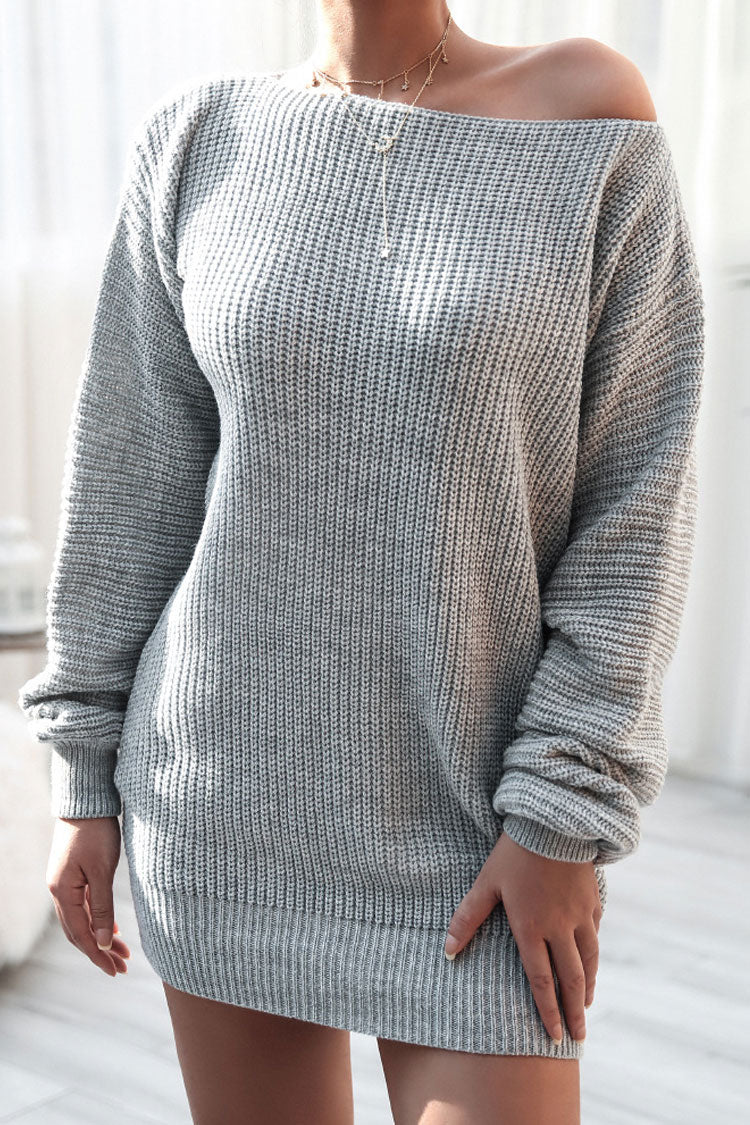 Cozy Winter Boat Neck Long Sleeve Textured Sweater Mini Dress - Gray