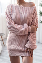 Cozy Winter Boat Neck Long Sleeve Textured Sweater Mini Dress - Pink