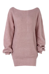 Cozy Winter Boat Neck Long Sleeve Textured Sweater Mini Dress - Pink