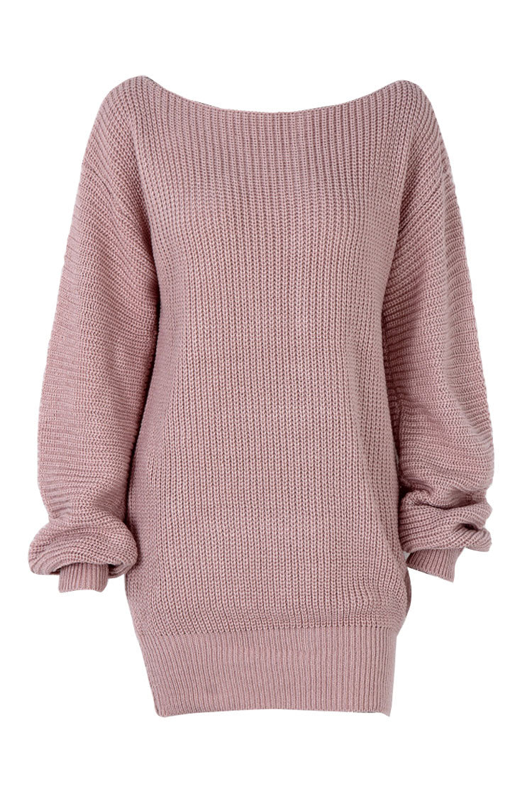 Cozy Winter Boat Neck Long Sleeve Textured Sweater Mini Dress - Pink