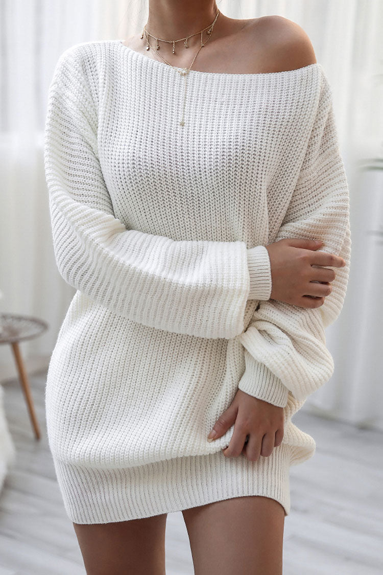 Cozy Winter Boat Neck Long Sleeve Textured Sweater Mini Dress - White