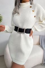 Cozy Winter Button Trim Ribbed Turtleneck Sweater Mini Dress - White