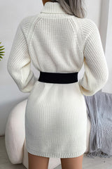 Cozy Winter Button Trim Ribbed Turtleneck Sweater Mini Dress - White