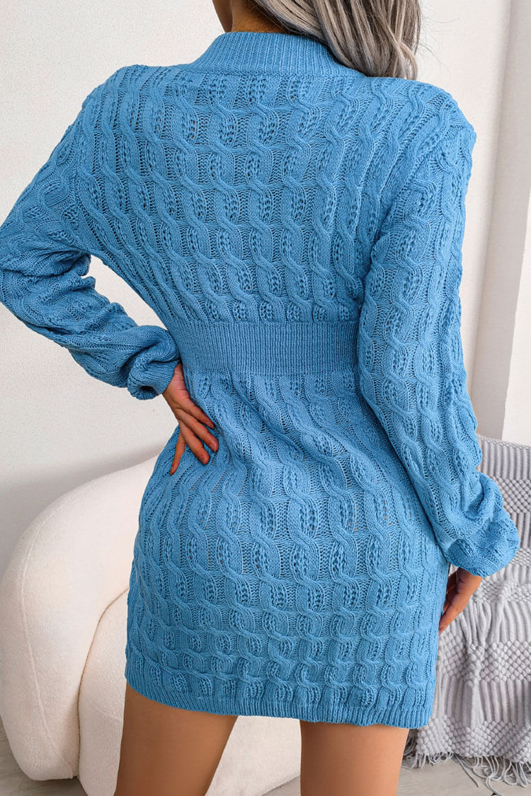 Cozy Winter Fisherman Cable Knit Bodycon Sweater Mini Dress - Blue