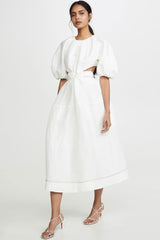 Cute Belted Puff Sleeve Cutout Beach Vacation Midi Dress - White