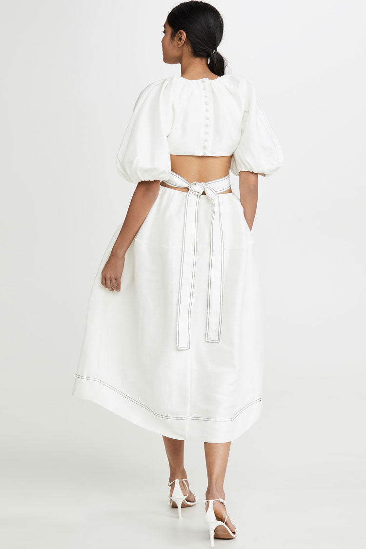 Cute Belted Puff Sleeve Cutout Beach Vacation Midi Dress - White