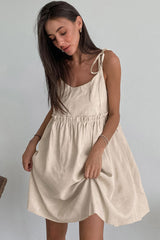 Cute Tiered Ruffle Empire Waist Linen Mini Summer Sundress - Khaki