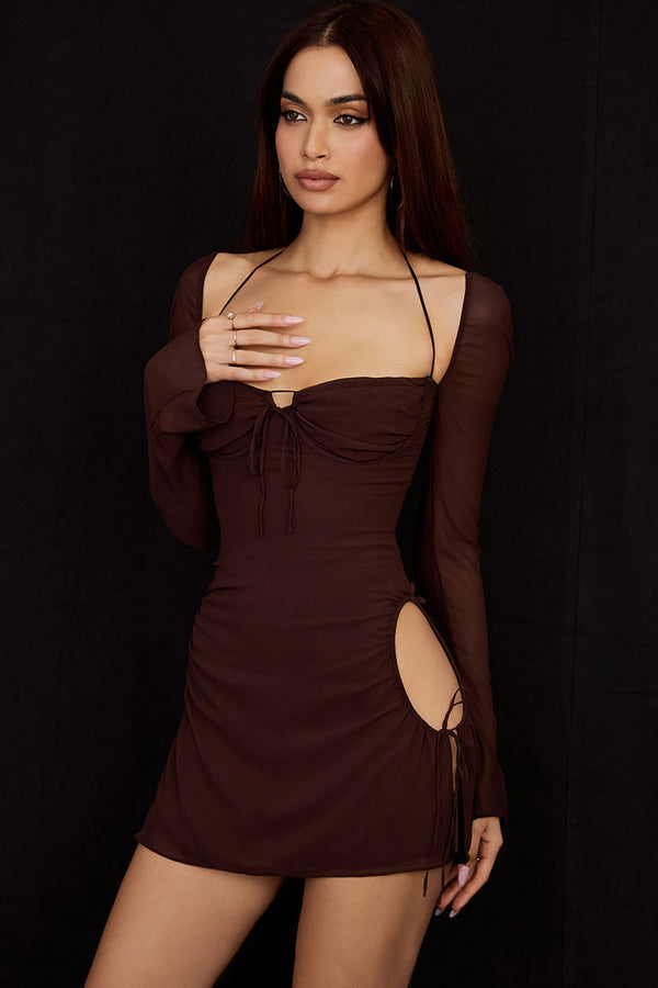 Darling Halter Neck Long Sleeve Cutout Club Mini Dress - Chocolate