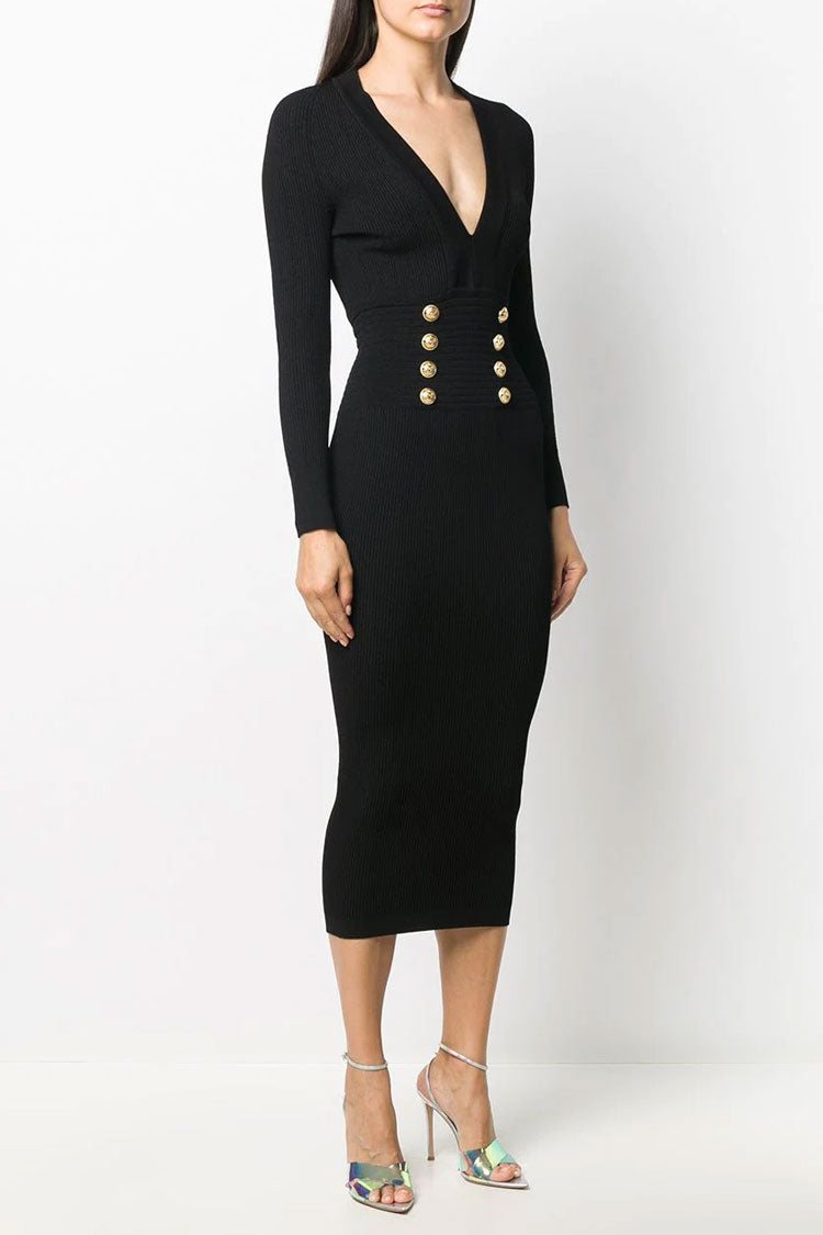 Deep V Button Trim Long Sleeve Cashmere Sweater Midi Dress - Black