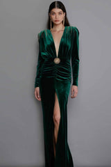 Deep V Long Sleeve Fringe Evening Maxi Dress - Emerald Green