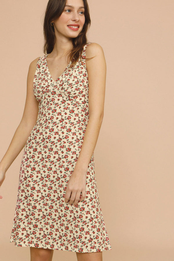 Ditsy Printed V Neck Sleeveless French Midi Sundress - Cream