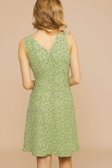 Ditsy Printed V Neck Sleeveless French Midi Sundress - Sage Green