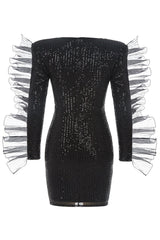 Diva Shoulder Pad Ruffle Long Sleeve Cutout Sequin Mini Dress - Black