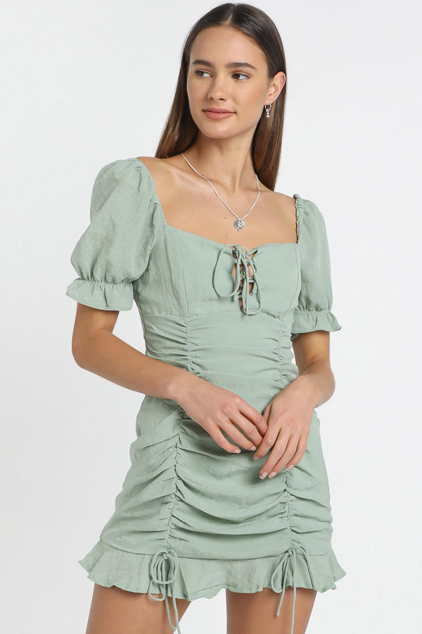Drawstring Ruched Ruffle Bodycon Mini Dress - Sage Green