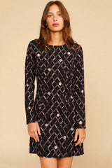 Elegant Argyle Floral Print French Long Sleeve Mini Dress - Black