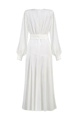 Elegant Deep V Bishop Sleeve High Split Evening Maxi Dress - White