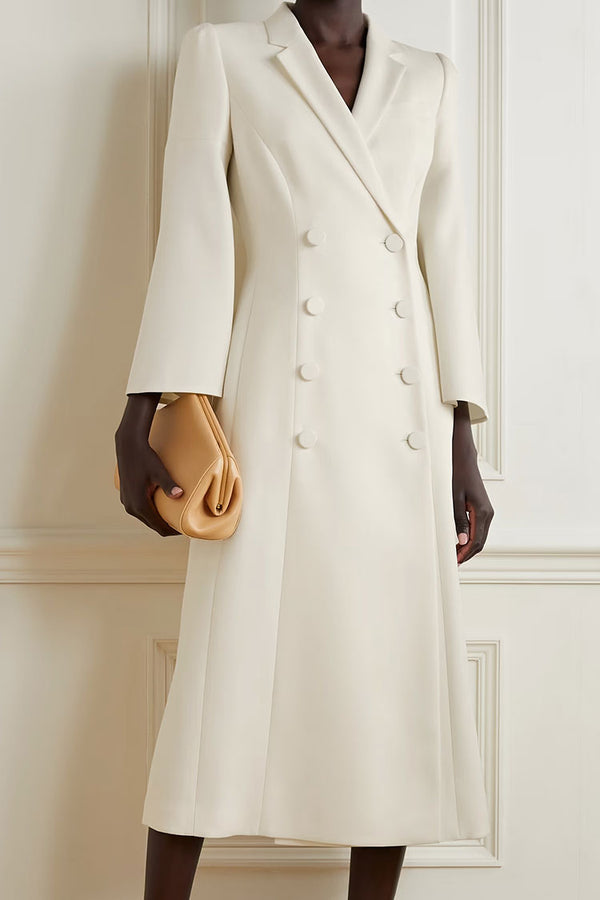 Elegant Lapel Collar Bell Sleeve Double Breasted Tailored Blazer Midi Dress - White