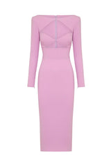 Elegant Long Sleeve Cutout Bandage Cocktail Midi Dress - Pink
