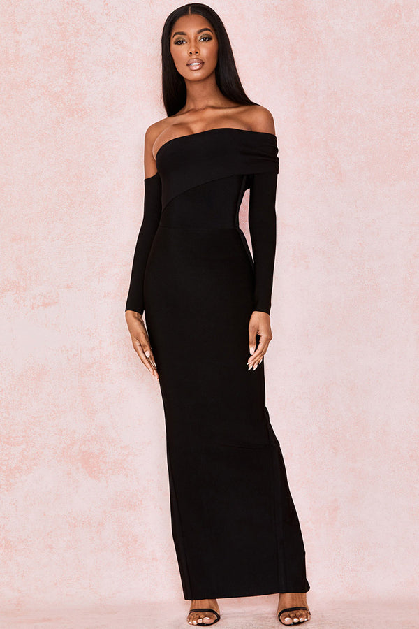 Elegant Off Shoulder Slit Back Bandage Maxi Evening Dress - Black