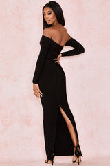 Elegant Off Shoulder Slit Back Bandage Maxi Evening Dress - Black
