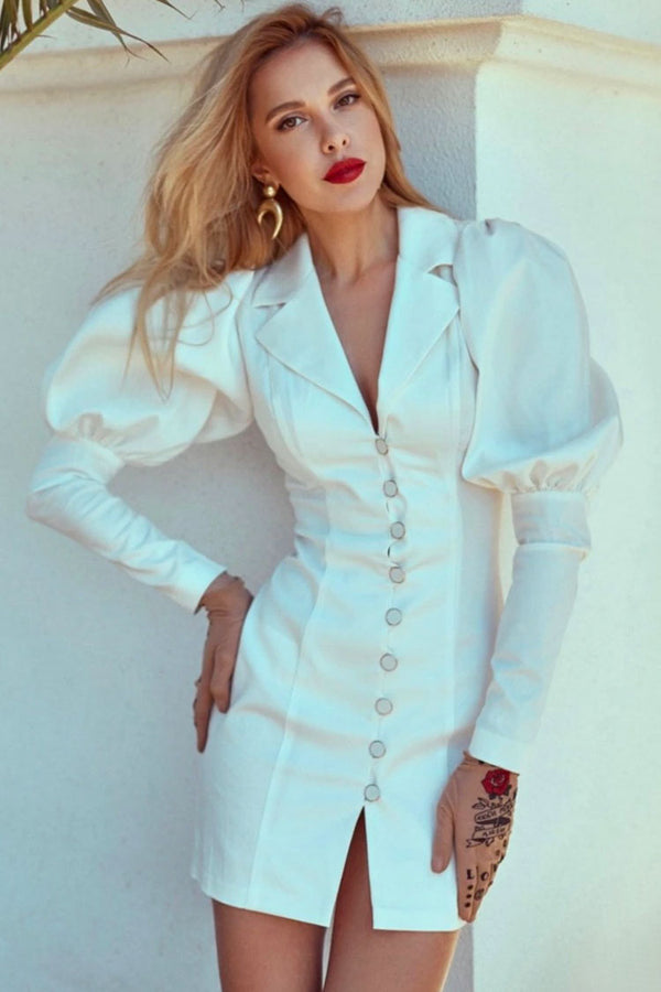 Elegant Puff Sleeve Lapel Collar Bodycon Shirt Mini Dress - White