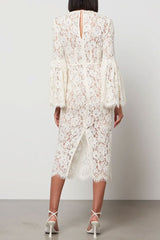 Elegant Round Neck Eyelash Bell Sleeve Sheath Lace Midi Dress - White