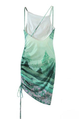 Elegant Sleeveless Drawstring Ruched Printed Midi Dress - Green