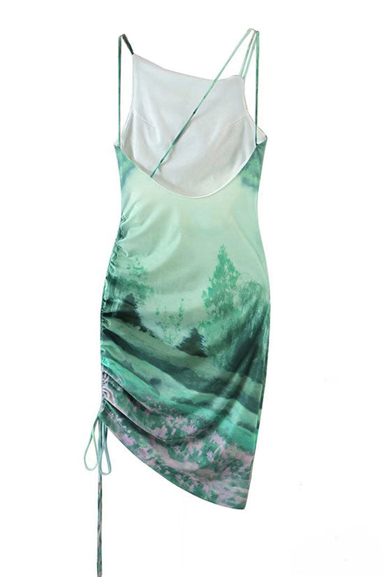 Elegant Sleeveless Drawstring Ruched Printed Midi Dress - Green