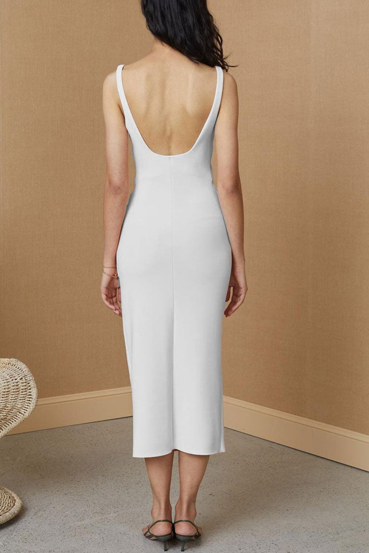 Elegant Square Neck Ruched Trim Sleeveless Bodycon Midi Dress - White