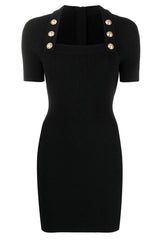 Elegant Square Neck Short Sleeve Winter Sweater Mini Dress - Black