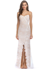 Elegant Sweetheart Spaghetti Strap High Split Lace Evening Maxi Dress - Beige