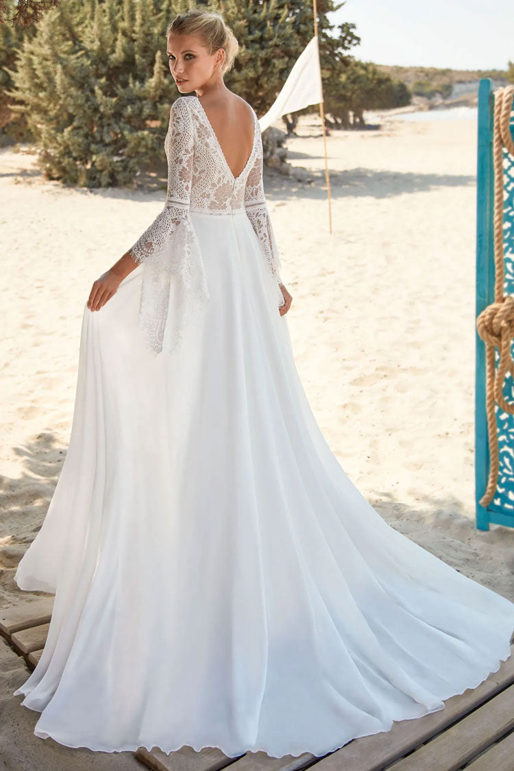 Exquisite Lace Panel V Back Maxi Beach Wedding Dress - White