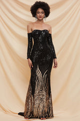 Fancy Sequin Slit Long Sleeve Off Shoulder Maxi Evening Dress - Black