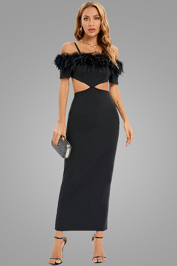 Feather Trim Off Shoulder Cutout Evening Maxi Dress - Black