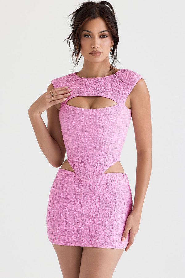 Feminine Crinkled Cutout Corset Low Rise Mini Skirt Two Piece Dress - Pink