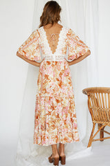 Floral Half Sleeve Lace Panel V Neck Maxi Beach Vacation Dress - Floral