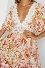 Floral Half Sleeve Lace Panel V Neck Maxi Beach Vacation Dress - Floral