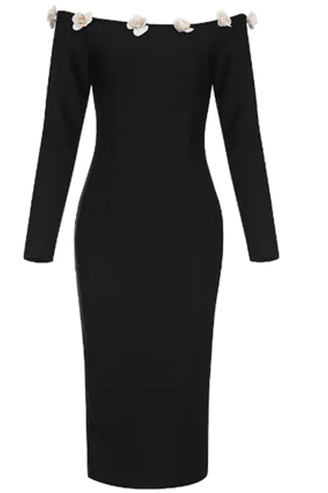 Floral Applique Off The Shoulder Long Sleeve Cocktail Midi Dress - Black