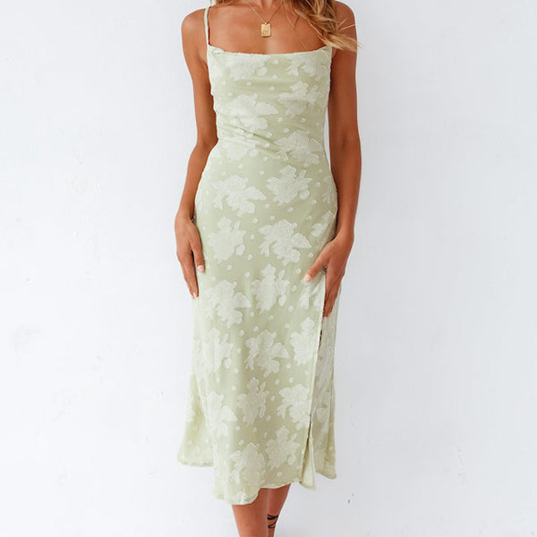 Floral Cowl Neck High Slit Slip Midi Dress - Sage Green