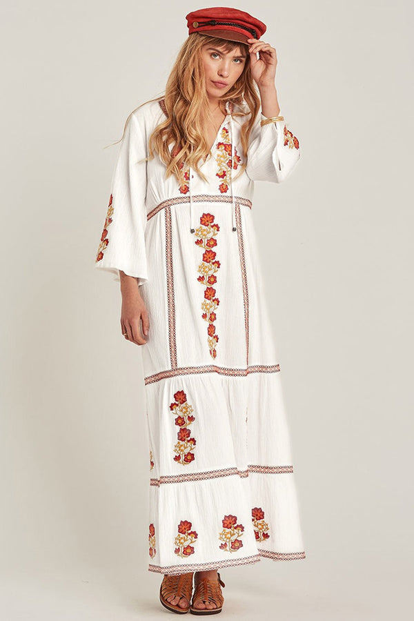 Floral Embroidered 3/4 Sleeve Boho Style Maxi Dress - White