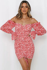Floral Off Sleeve Ruched Bodycon Smocked Mini Dress - Red