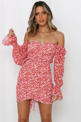 Floral Off Sleeve Ruched Bodycon Smocked Mini Dress - Red