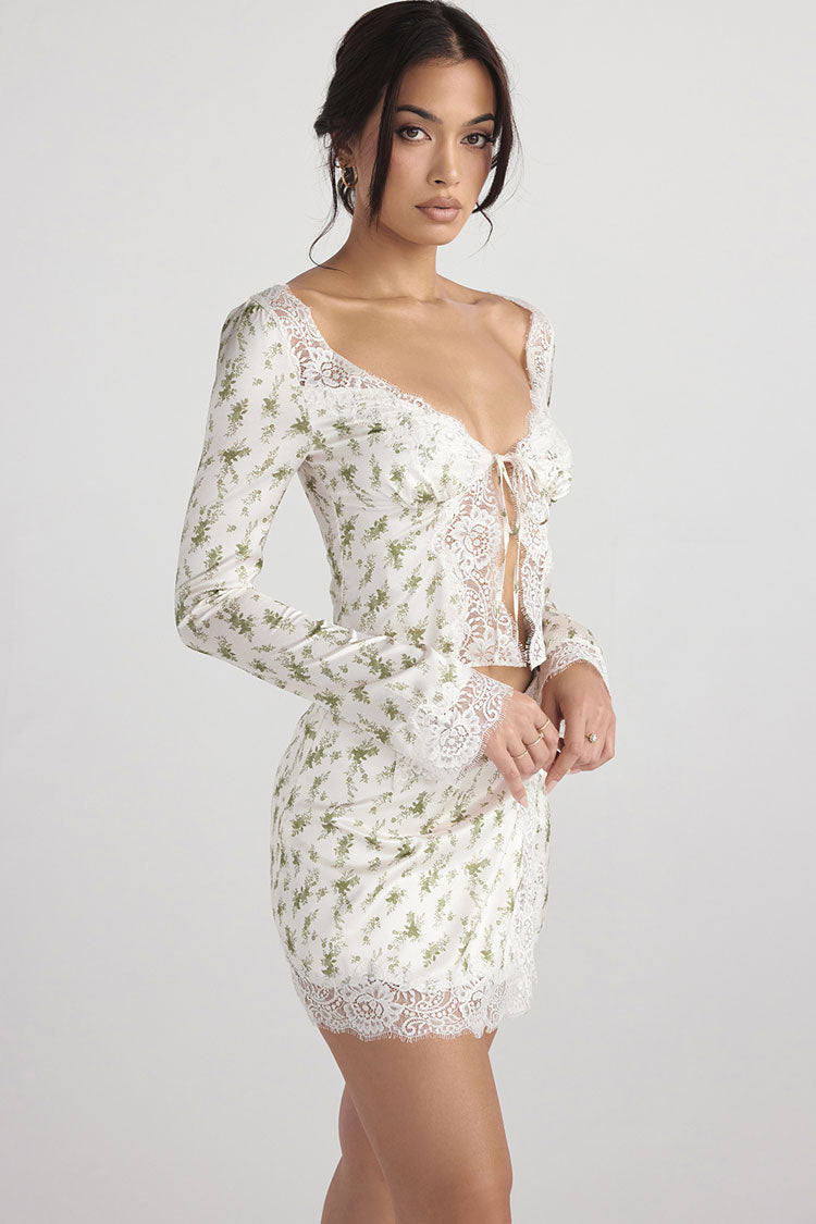 Floral Print Lace Trim Satin Top Mini Skirt Two Piece Dress - Green