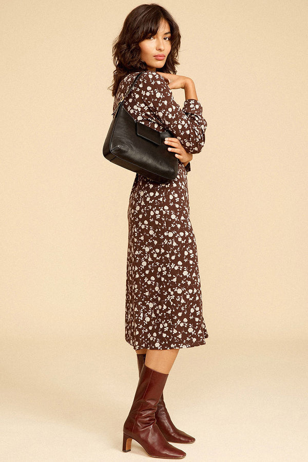 Floral Print Long Sleeve Button Up French Shirt Midi Dress - Coffee