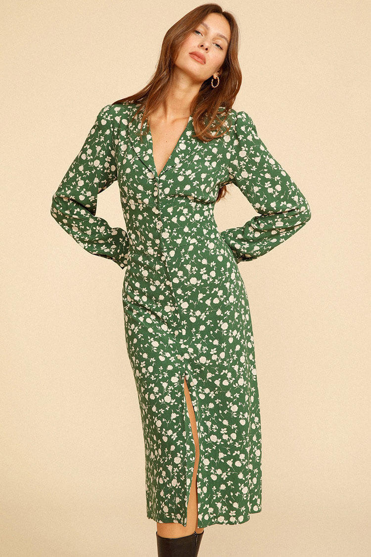Floral Print Long Sleeve Button Up French Shirt Midi Dress - Green