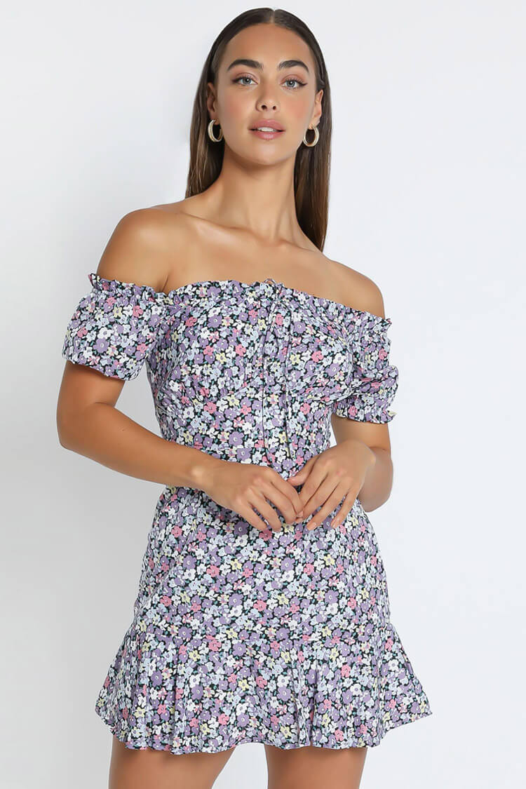 Floral Print Short Sleeve Tie Front Ruffle Mini Dress - Purple