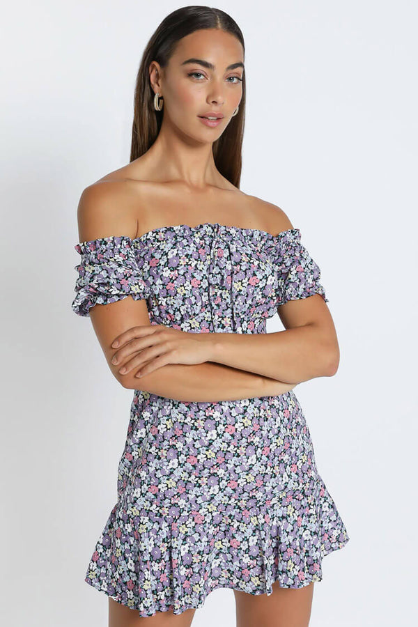 Floral Print Short Sleeve Tie Front Ruffle Mini Dress - Purple