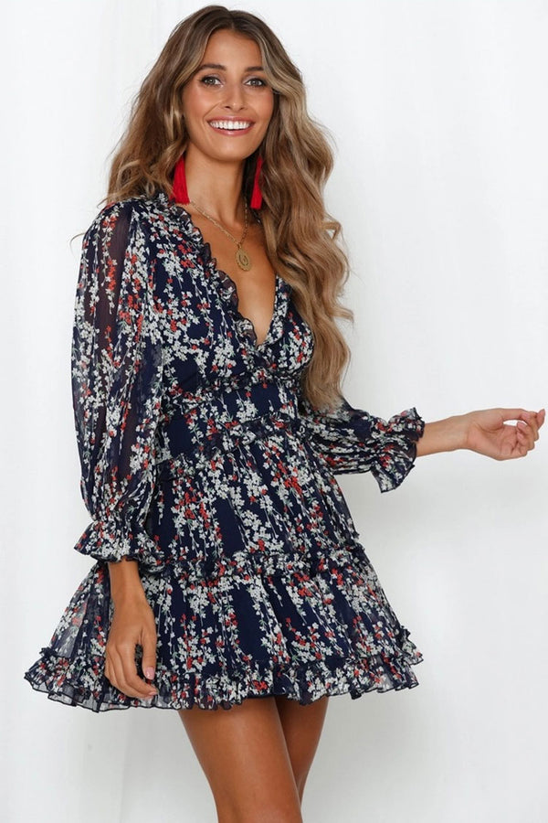 Floral Print V Neck Chiffon Ruffle Beach Vacation Dress - Navy Blue